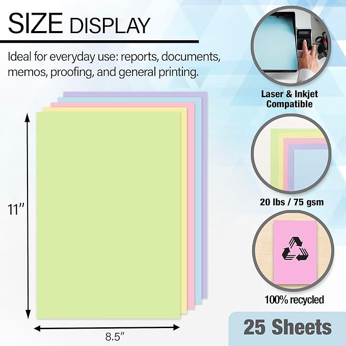 BAZIC Products Blank Paper Copy & Multipurpose Paper 8.5" x 11" – 25 Sheets Pastel Color Printer Paper for Inkjet, Laser, and Fax Machines – Printing Paper for Office, School, and Crafts, 1-Pack