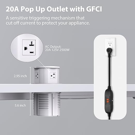 ANNQUAN 20 Amp GFCI Pop Up Outlet for Countertop with 15W Wireless Charger,Max 65W Power Delivery,4.75" Pop Up Electrical Outlet with 3 Outlets 3 USB Ports