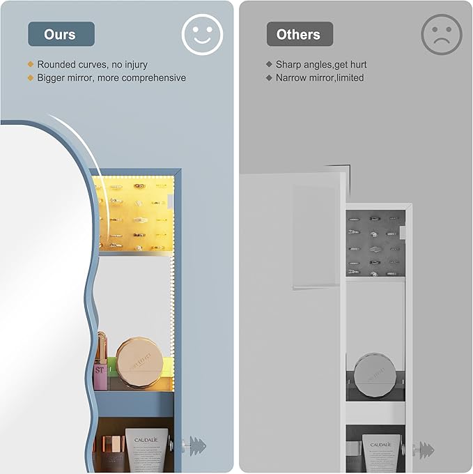 HNEBC LED Mirror Jewelry Cabinet,Wall or Door Mounted Jewelry Armoire Organizer with Lights,Lockable Wide Wavy Mirror with Storage,42.5" L Full Length Mirror with Jewelry Storage,Interior Mirror