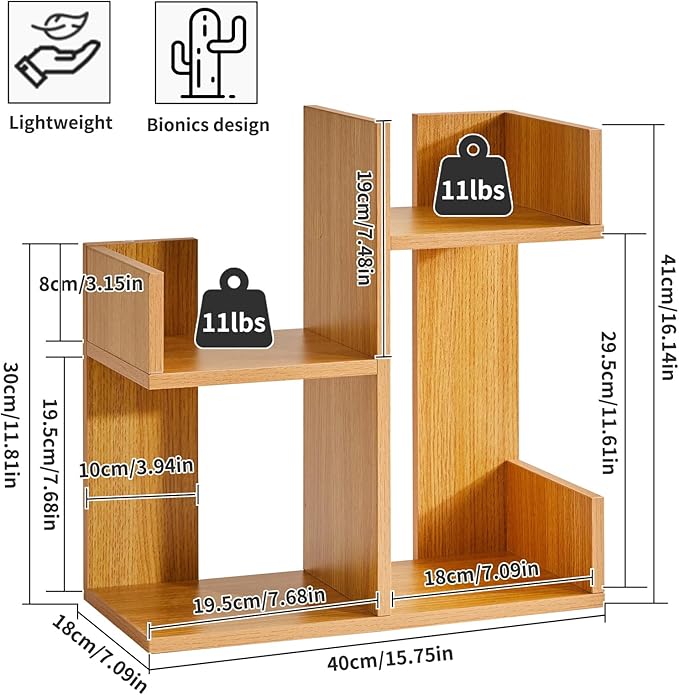 Short Bookshelf Small Desk Organizer, Cactus Bookshelf Unique Bookcase, Book Display Shelf Small Plant Stand for Tabletop, Natural Wood Color YD-DSR002N