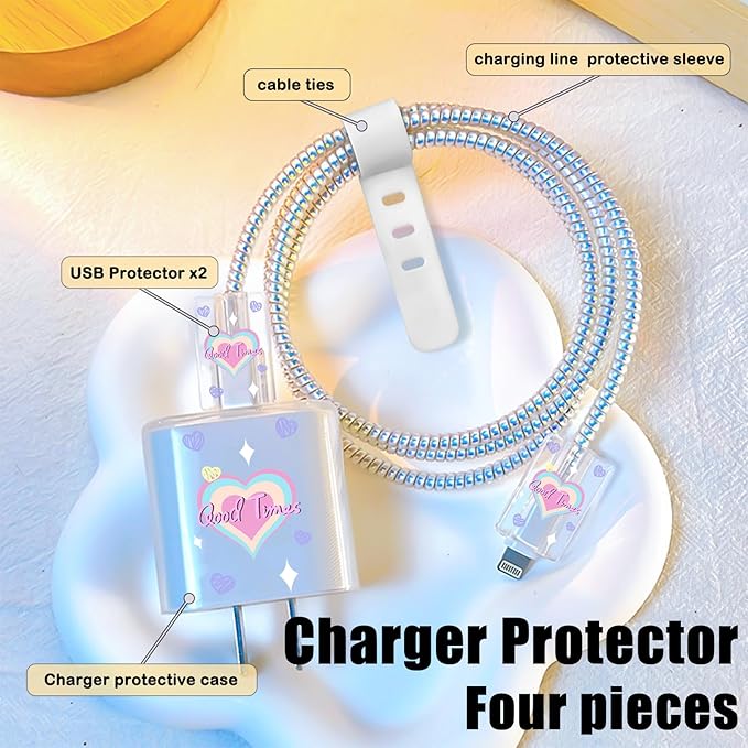 Cute DIY Cable Protector for iPhone 18W/20W Adapter Charger,Colorful Love Heart Design Transparent Data Line Cable Case, Phone Charging Protector for Apple Charger
