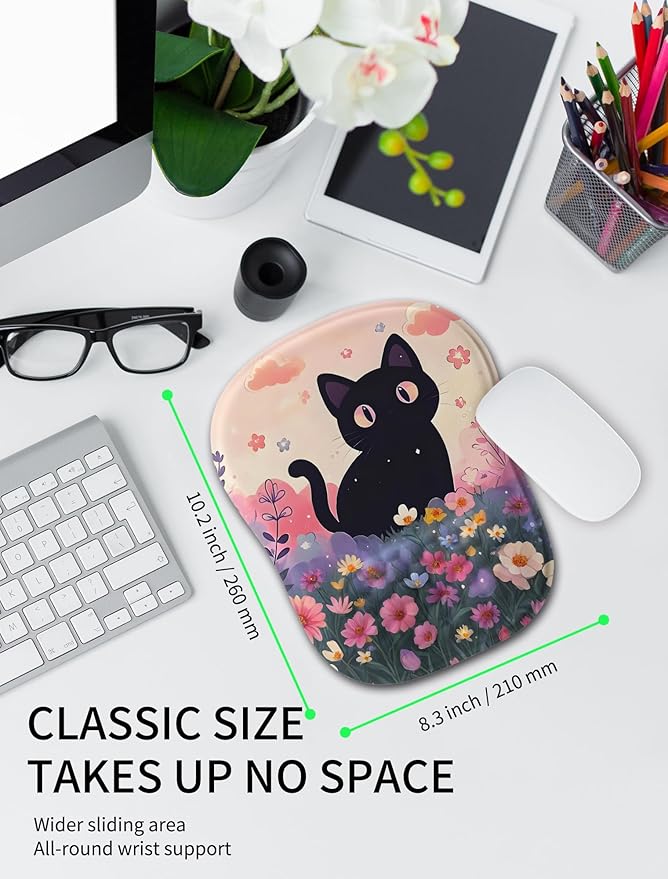 Hokafenle Ergonomic Wrist-Hugging Mouse Pad Wrist Support, U-Shaped Holding Wrist Rest Mousepad for Carpal Tunnel Pain Relief with Cushioned Memory Foam Slope Massage Bulge (10.2x8.3 in,Flower Cat)