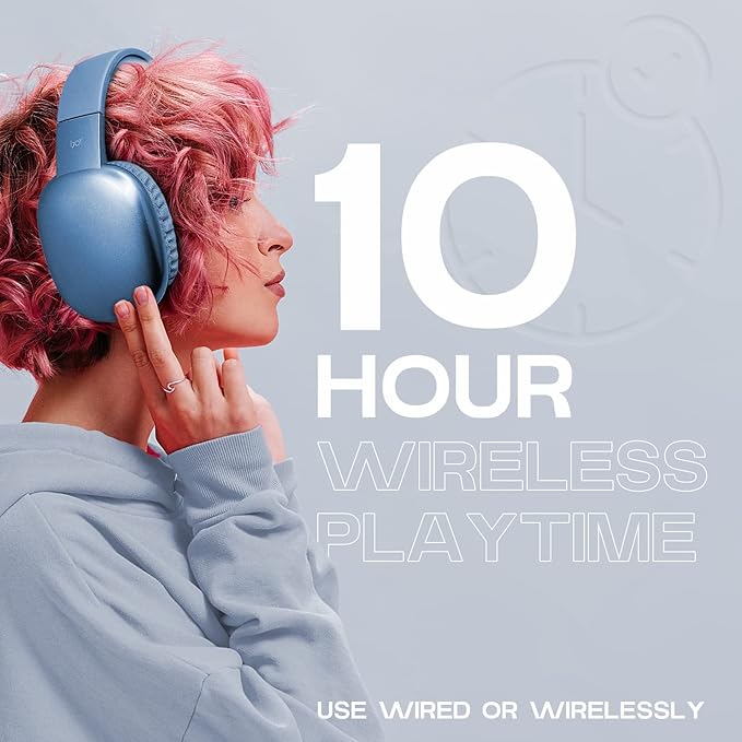 iJoy Ultra Wireless Over-Ear Bluetooth Headphones with Mic, Up to 10 Hours Playtime, Bluetooth Headset 33Ft Range with Backup AUX Cable & SD Slot, Wireless Headphones for Gaming, Work & Gym (Blue)