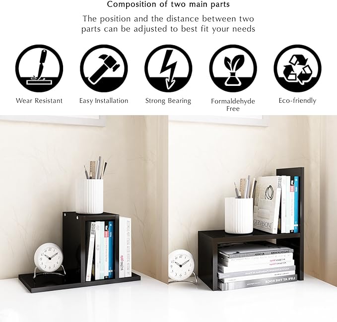 Jerry & Maggie Desktop Organizer Office Storage Rack Adjustable Wood Display Shelf, Birthday Gifts Toy Home Decor Free Style Rotation Display True Natural Stand Shelf (Black)