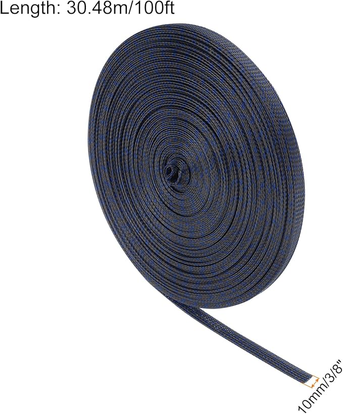100ft PET Expandable Wire Loom 3/8 Inch, PET Braided Wire Sleeving Cable Management Sleeve Tubing [for Audio Video Home Office Cord Protector]-Black Blue