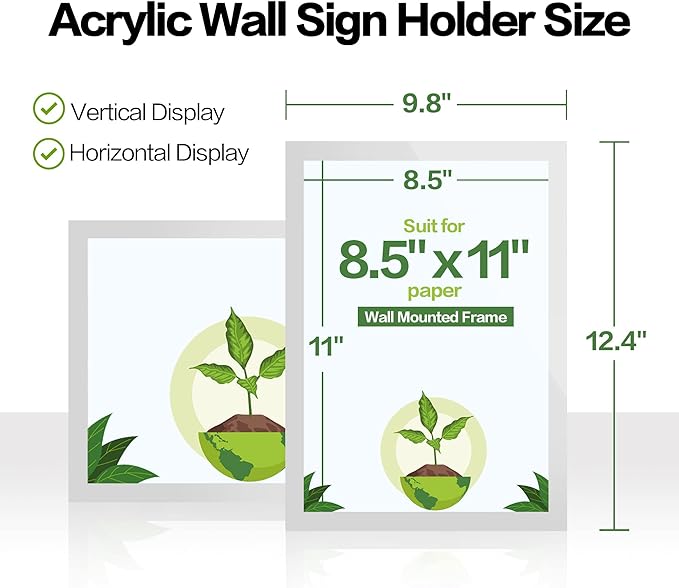 10Pack Acrylic Sign Holder 8.5" x 11" Wall Mount, Self Adhesive Magnetic Display Frame with Tape, Plastic Clear Acrylic Frame for Wall, Office, Store, Home
