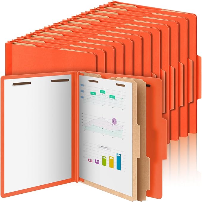 Skyygemm 24 Pcs Classification Folders Letter Size Bulk - 2 Dividers Pressboard File Folder with 3. 5 Inch Expansion, 2 Prongs Fastener, Heavy Duty Office File Organizer for Teacher Medical (Orange)