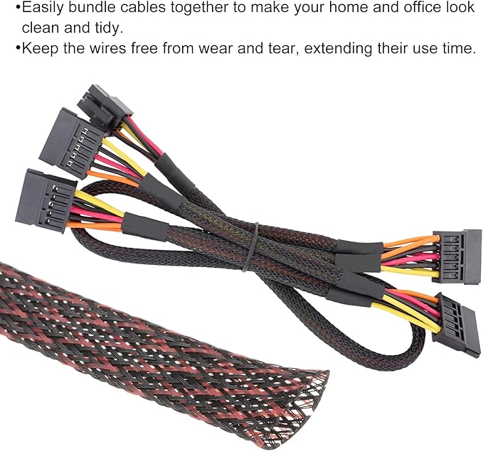 25ft PET Expandable Wire Loom 3/8 Inch, PET Braided Wire Sleeving Cable Management Sleeve Tubing [for Audio Video Home Office Cord Protector]-Black, Red