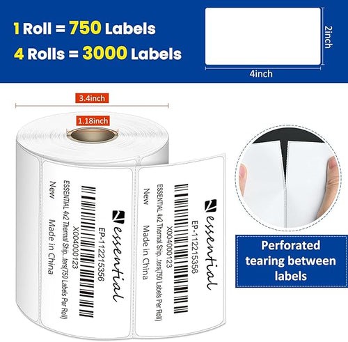 4"X2" Direct Thermal Barcode Labels, Shipping Labels, 750 Tags of Roll, Compatible with Zebra Printers (4 Roll-3000 Tags)