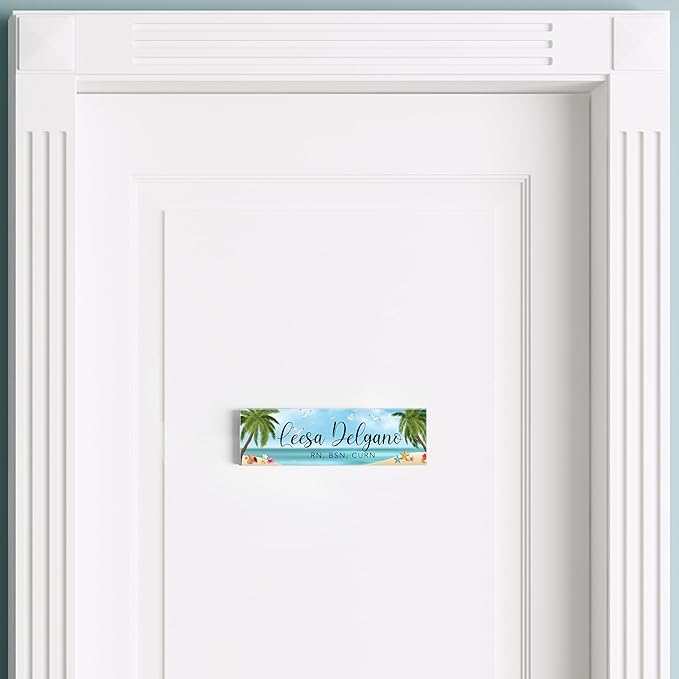 Artblox Personalized Office Desk Name Plate and Business Card Holder | Clear Acrylic Glass with Teak Wood Stand | Sand Beach Design Customized with Your Name and Credentials Office Desk Decor