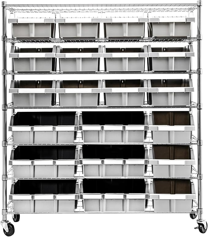 Seville Classics Heavy Duty NSF Bin Rack Solid Steel Wire Shelving Storage Unit, Patented Organizer for Garage, Warehouse, Office, Restaurant, Classroom, Kitchen, Gray, Includes 21 Bins