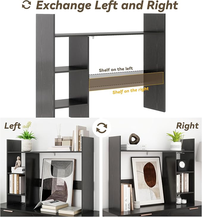 Desktop Bookshelf, Wood Desk Organizer Hutch with 3 Shelves for Computer Desk, 37.4'' Multipurpose Display Rack with Storage for College Dorm Office Home, Black