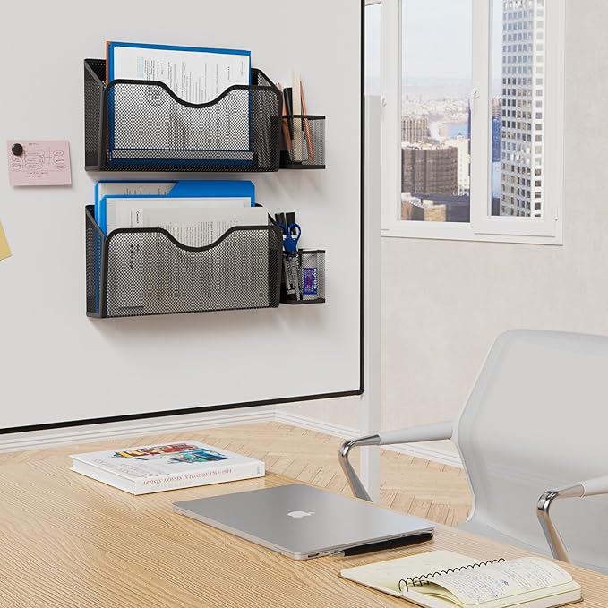 JANE EYRE Magnetic File Holder - 2pcs Hanging File Organizer Magazine Document Paper Holders with 2pcs Pen Holders for Classroom Cabinets Office,No Drilling(BLACK)