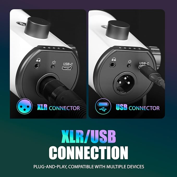 XLR/USB Dynamic Microphone, Dynamic Pc Microphone for Live Streaming and Podcasting, Featuring RGB Lighting, Mute Function, Noise Reduction, and Desktop Stand