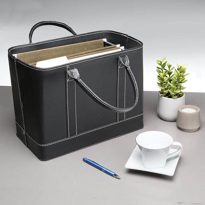 HOME DISTRICT Chic File Organizer Tote - Important Document Organizer Bag, Portable File Box with Handle, Black
