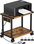 2-Tier Printer Table with Charging Station for Home Office Organization - Small Stand with Wheels for Scanner, Under or Beside Desk Storage Cart - Rustic Brown