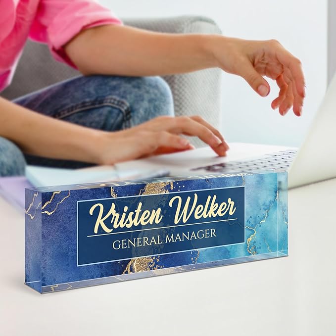 Name Plate for Desk, Desk Name Plate Personalized, Blue Office Decor for Women Men, Acrylic Desktop Accessories, Office Gifts for Boss Nurse Teacher Coworker, Employee Appreciation Gift (Blue Coast)