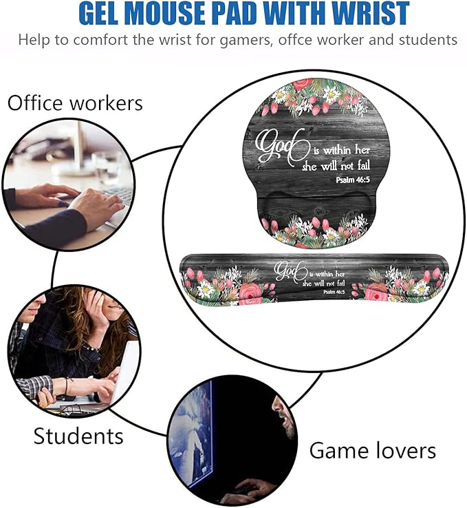 Keyboard Wrist Rest and Mouse Pad Wrist Support Set with Coasters, Ergonomic Gaming Mousepad for Home Office Working Studying Easy Typing & Pain Relief, Floral Quote Bible Verse Psalm 46:5