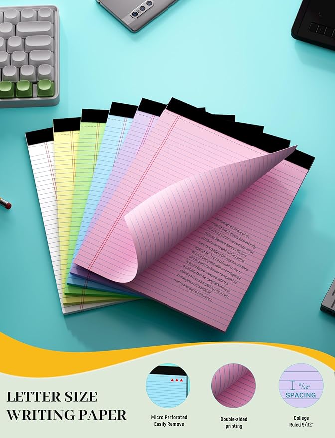 12 Pack Legal Pads 8.5 x 11, College Ruled, 30 Sheets Per Colored Legal Pads 8.5 x 11, Perforated Lined Paper Pads 8.5 x 11, Writing Pads with Sturdy Backing, Note Pads for School, Office, Home