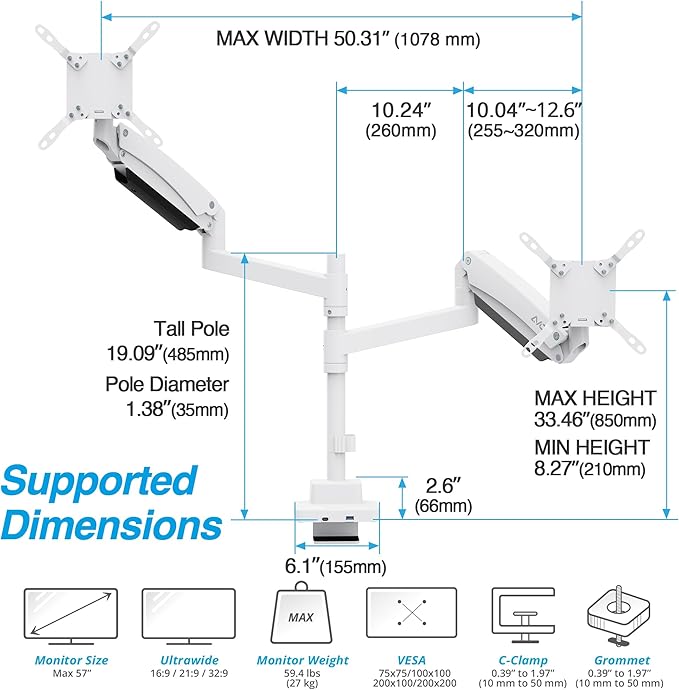 AVLT Dual 57 Inch Heavy Duty Stacking Monitor Arm Pole Top Mount With USB-C USB-A Ports-White, Height Adjustable, Easy Install Top C-Clamp/Grommet With Reinforcement Plates, VESA Compatible 200/100/75