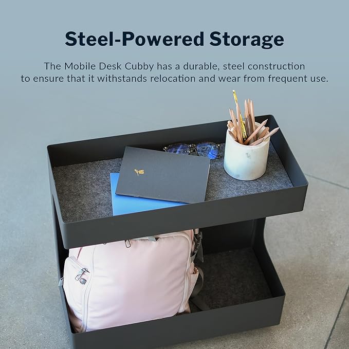 Vari Mobile Slim Under-Desk Cubby - Durable Steel & PET Felt Line - Open Storage & Easily Rolls - Dual Tier Office and Home Organizer Accessory - Black, 10” x 22” x 22”