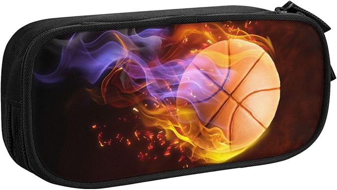Sports-Themed Boys Pencil Case with Fire Basketball Print, Big Capacity Black Pencil Pouch Stationery Bag with Zipper Portable Travel Storage Box Desk Pen Bag for Kids Teens Adults