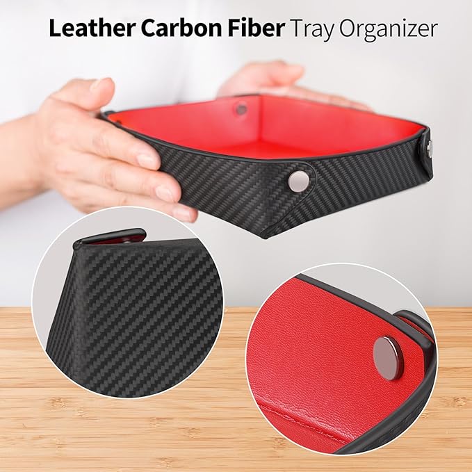 Leather Catchall Tray for Men, Valet Tray Organizer for Wallet, Keys, Accessories,Leather Carbon Fiber Desktop Storage Tray,Red