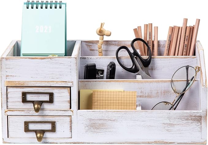 Distressed Rustic Wooden Office Desktop Organizer Shelf Tabletop Home Organizer Storage with Multiple Compartments 2 Tier Drawers perfect Jewelry storage Display Box for Desk Vanity (Washed white)