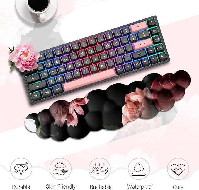 JIKIOU Cloud Wrist Rest Keyboard, Cloud Keyboard Wrist Pad Set with Comfortable Cloth, Cute Arm Rest for Palm Support, PC/Gaming Desk Accessories/Office Setup/Computer Hand Cushion Multicolored Peony