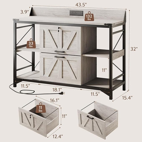 44" File Cabinet, Lateral Filing Cabinet for Home Office with 2 Drawers, Office Storage Cabinet with Lock and Key, Wooden Printer Stand with 4 Storage Shelves and Power Outlets