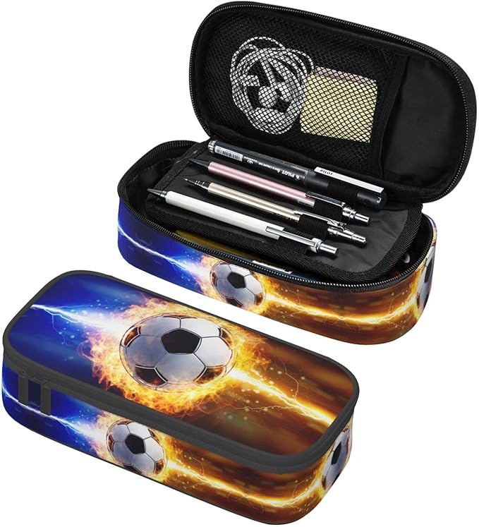 Boys Pencil Case with Soccer Ball Printed, Cool Portable Pen Bag Pouch with Zipper for Teens Stationery Supplies, Sports Style Pencil Box Cosmetic Bag for Sports Women and Girls