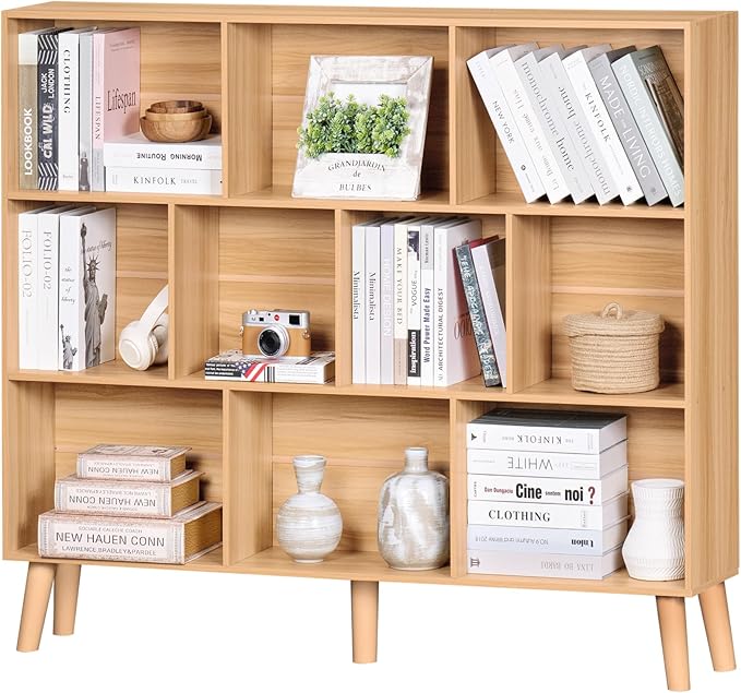 LEYAOYAO 10 Cube Bookshelf,3 Tier Modern Wide Bookcase with Legs,Mid-Century Wood Bookshelves Storage，Natural Large Book Case,Freestanding Organizer Display Shelf for Bedroom,Living Room,Office