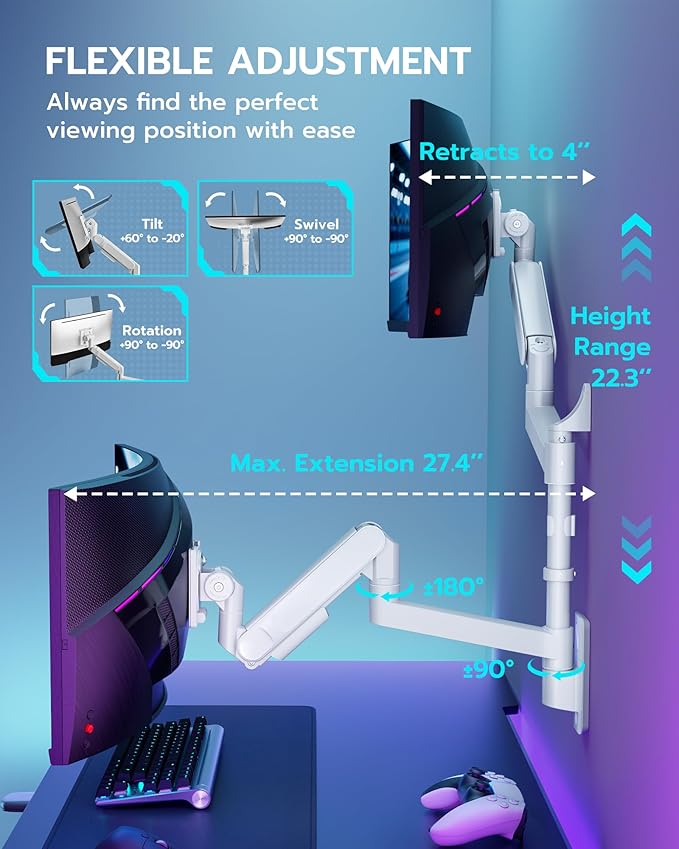 ARES WING Dual Monitor Wall Mount for 24-57 Inch Ultrawide Screens, Premium Heavy Duty Monitor Arm Holds 60 lbs, Full Motion Gas Spring, Bearing Head for Easy Adjustment, 75/100 VESA Mount, White