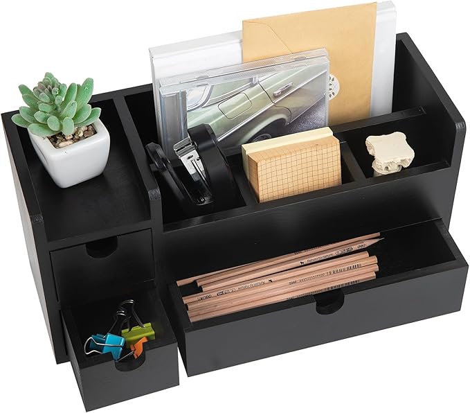 Vintage Black Wooden Desktop Organizer Removable Drawers Office Supplies Wood Storage Cabinet Caddy Box Stationery Pencil Slots Mail Holder Note Pads Accessories Home Makeup Tools Cosmetics
