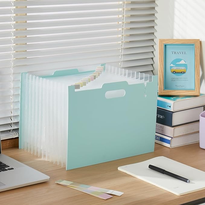 Y YOMA 2 Pack Accordion File Organizer with Handle 12 Pockets Expanding File Folder with Removable Tabs for A4 Letter Size Paper Portable Plastic Filing Organizer Bill Receipt Holder, Mint Green