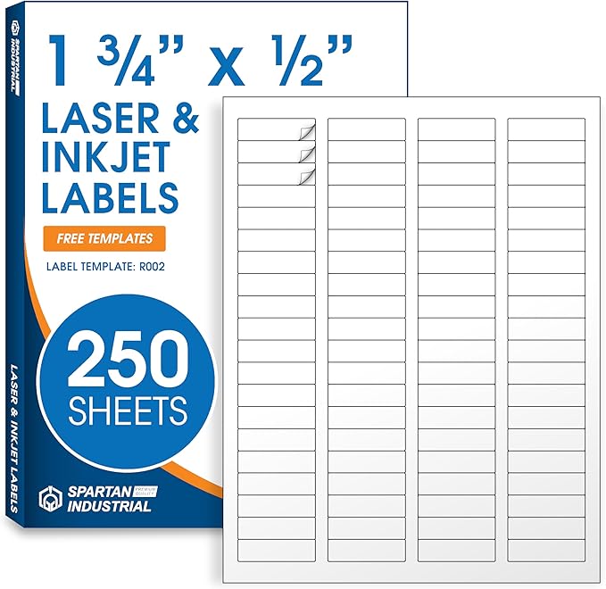 1.75" X 0.5" Matte White Printable Labels for Inkjet and Laser Printers - 250 Sheets, 20000 Custom Stickers for Return Address Labels, Price Tags, File Folders - Spartan Industrial Template R002