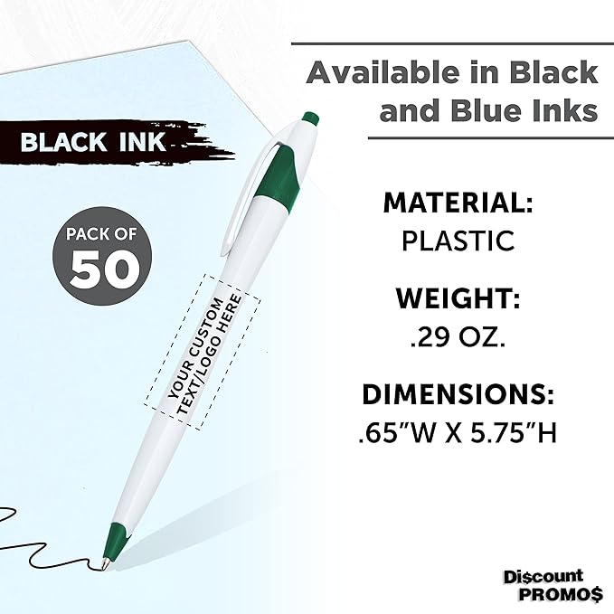 DISCOUNT PROMOS Custom Slim Curvy Ballpoint Pens Set of 50, Personalized Bulk Pack - Black Ink, Retractable, Great for Office, School, Tradeshows - Green