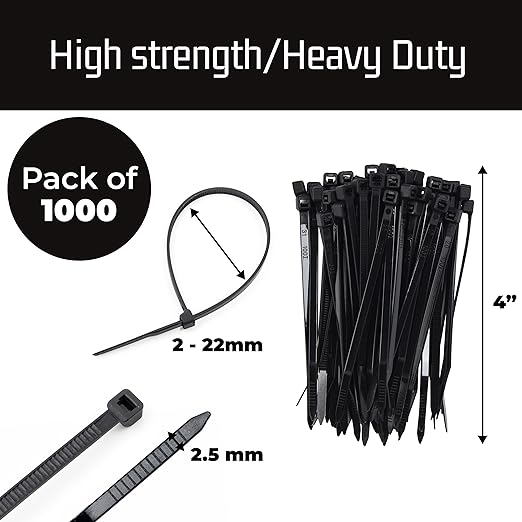 Bolt Dropper 4" Black Zip Cable Ties (1000 Pack), 18lbs Tensile Strength - Heavy Duty, Self-Locking Premium Nylon Cable Wire Ties for Indoor and Outdoor by Bolt Dropper (4 inches)