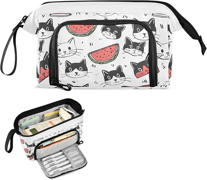 Bolaz Big Capacity Pencil Pen Case Pouch Bag School College Office Organizer for Teens Girls Adults Student-Cartoon Cat and Watermelon