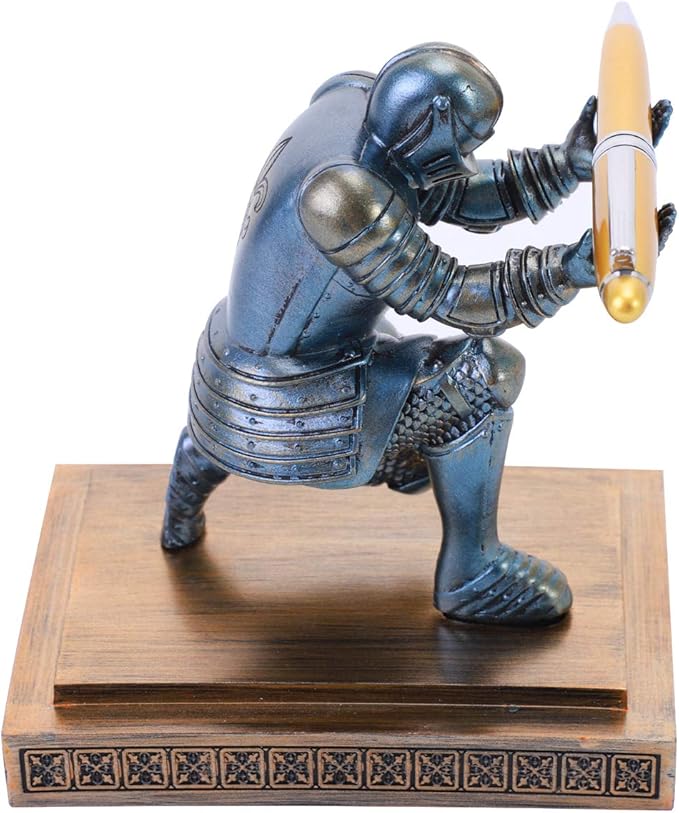 Knight Pen Holder Desk Ornament Resin Pencil Holders Desk Accessories and Organizer For Men with a Cool Pen (Blue)