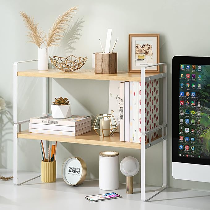 YGYQZ Wood Office Desk Shelf Organizer - Desktop Supplies Cute Dresser Top Organization Storage Rack and Cubicle Decor Aesthetic Bookshelf for Women Man and Kids (White-Two Tier)