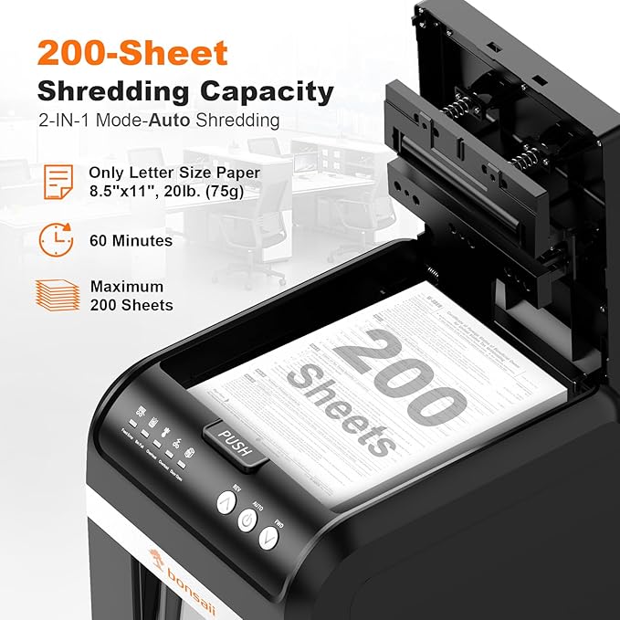 Bonsaii 200-Sheet Auto Feed Paper Shredder, 60 Minutes Nonstop Heavy Duty Shredders, 8.1 Gallon Large Bin Office Document Shredder, Micro-Cut/High Security P-4 Commercial Grade Shredder (C283-A)