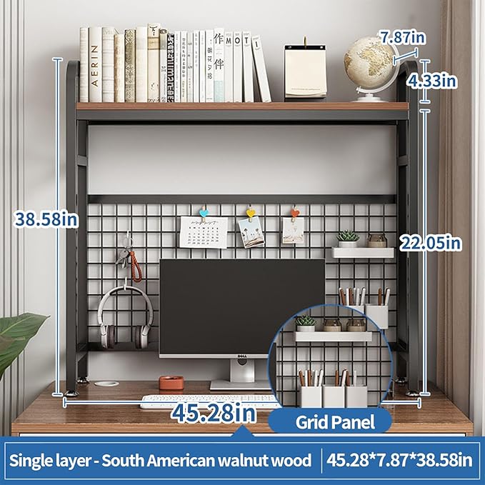 Desk Shelf Bookcase 1-Tier Metal Desktop Bookshelf Hutch with Grid Panel and DIY design possible Multipurpose Storage Organizer Display Rack for Dorm Office Home Computer Desk(Black 45.3"×7.9"×38.6")