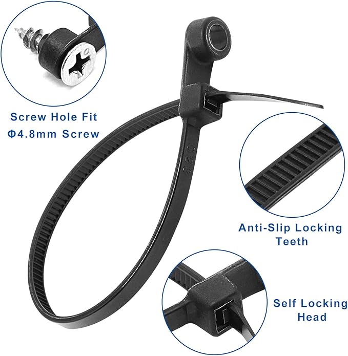 Zip Ties with Screw Hole 150 Pcs, 6 inch 48lbs Electrical Cable Ties Straps, Mount Head Plastic Ties Multipurpose Heavy Duty Nylon Zip Tie for Indoor & Outdoor (Black)