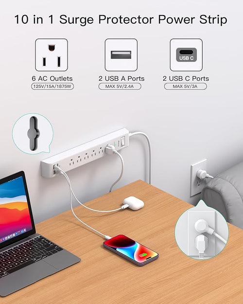 2 Pack Power Strip, 15FT Long Extension Cord, Surge Protector with 6 Outlets and 4 USB Charging Ports(2 USB C), Flat Plug Overload Protection, Wall Mount for Home Office Dorm College