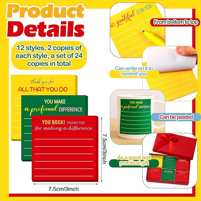 Yinder 24 Pcs Employee Appreciation Sticky Notes New Year Gift Bulk Motivation Sticky Note Pads Inspirational Gift for Teacher Nurse Staff Coworker Office Supply 3 x 3'' (Appreciation,Xmas)
