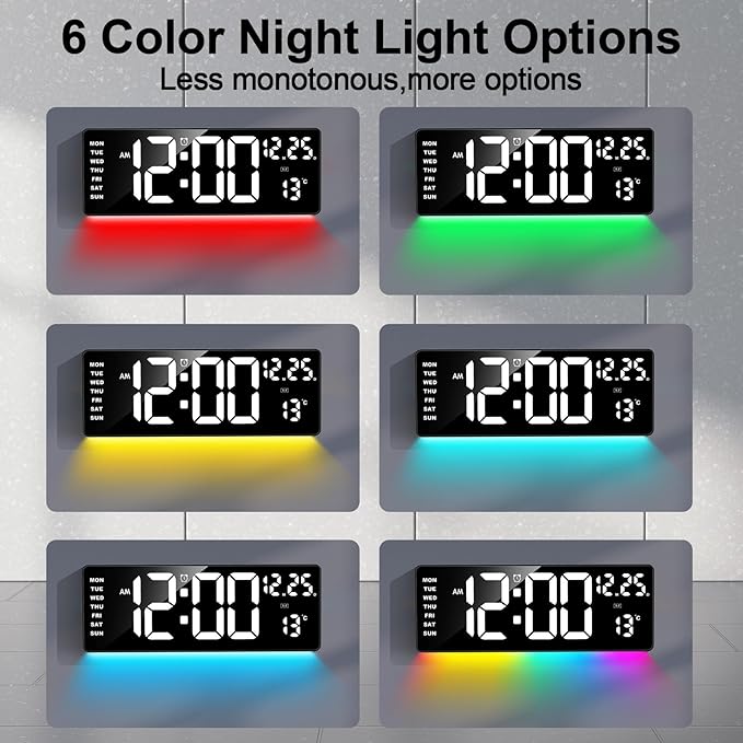 16.5" Digital Clock Large Display with Remote Control, 6-Color Night Light Digital Wall Clock with Dual Alarms, Temperature, Auto DST Large Clock for Living Room, Bedroom, Desk, Mounted, Gift