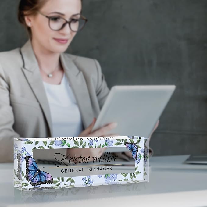 Personalized Office Name Plate for Desk, Custom Employee Appreciation Gifts, Acrylic Desk Name Plate Funny, Desk Decorations Gift, Acrylic Desk Ornaments (Purple Blue Butterfly)