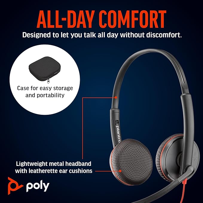 Poly Blackwire 3225 Wired Headset (Plantronics) - Noise-Canceling Mic – Stereo Design - Connect to PC/Mac/Mobile via USB-C, USB-A, or 3.5mm - Works w/Teams, Zoom - Amazon Exclusive