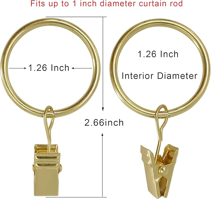 AMZSEVEN 40 Pack Curtain Rings with Clips, Drapery Clips with Rings, Drapes Rings 1.26 in Interior Diameter, Fits up to 1 in Curtain Rod, Gold Color